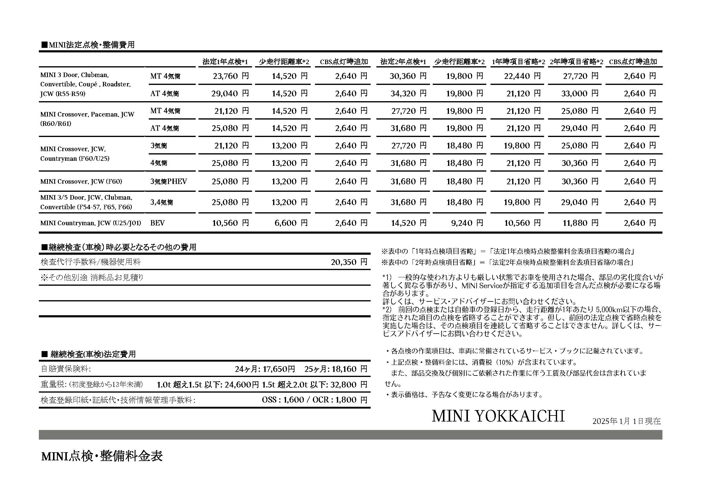 点検整備料金表 | MINI 四日市